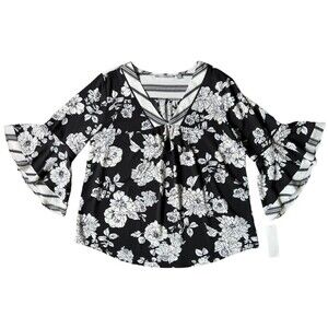 Valerie Stevens XL Black & White Floral Bell Sleeve Blouse, Crepe Top NEW NWT